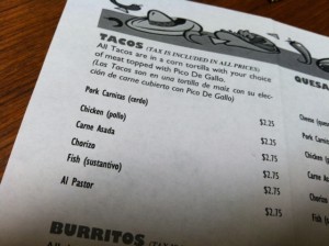 Menu at the new Taco stand in Steamboat Springs