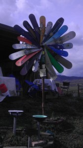 Snowboard yard art at the Home Resource